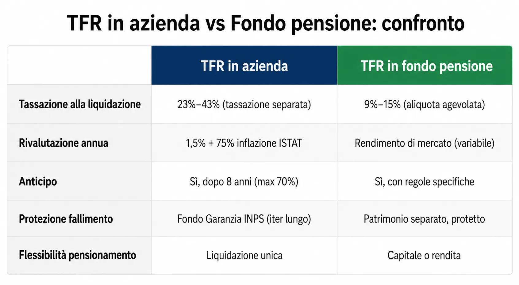 Tabella comparativa: TFR in azienda vs fondo pensione per tassazione, rendimento e tutele
