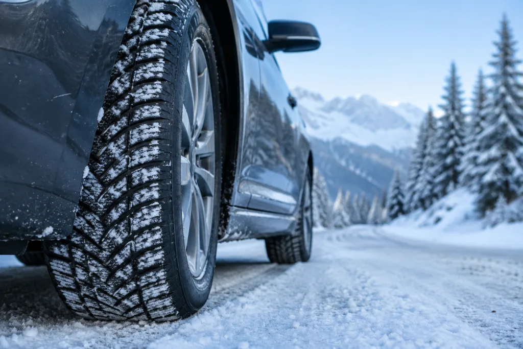 Pneumatico invernale su strada di montagna innevata, obbligo gomme invernali 2026-2027