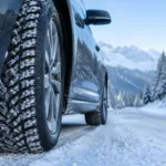 Pneumatico invernale su strada di montagna innevata, obbligo gomme invernali 2026-2027