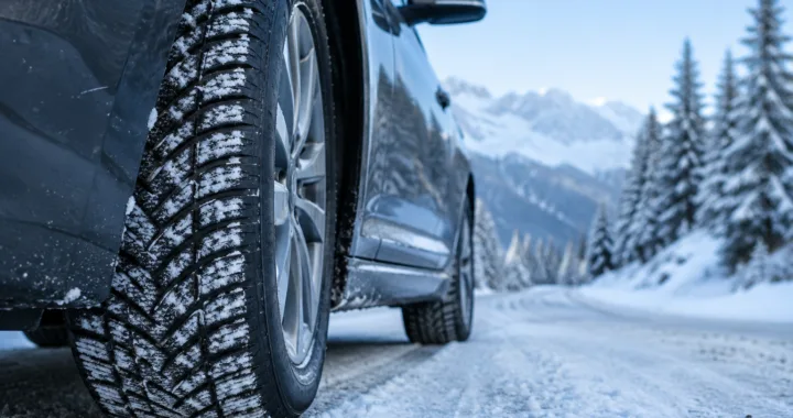 Pneumatico invernale su strada di montagna innevata, obbligo gomme invernali 2026-2027
